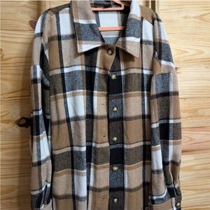 SHEIN Curve Plaid Shirt Jacket - Black, White, Tan